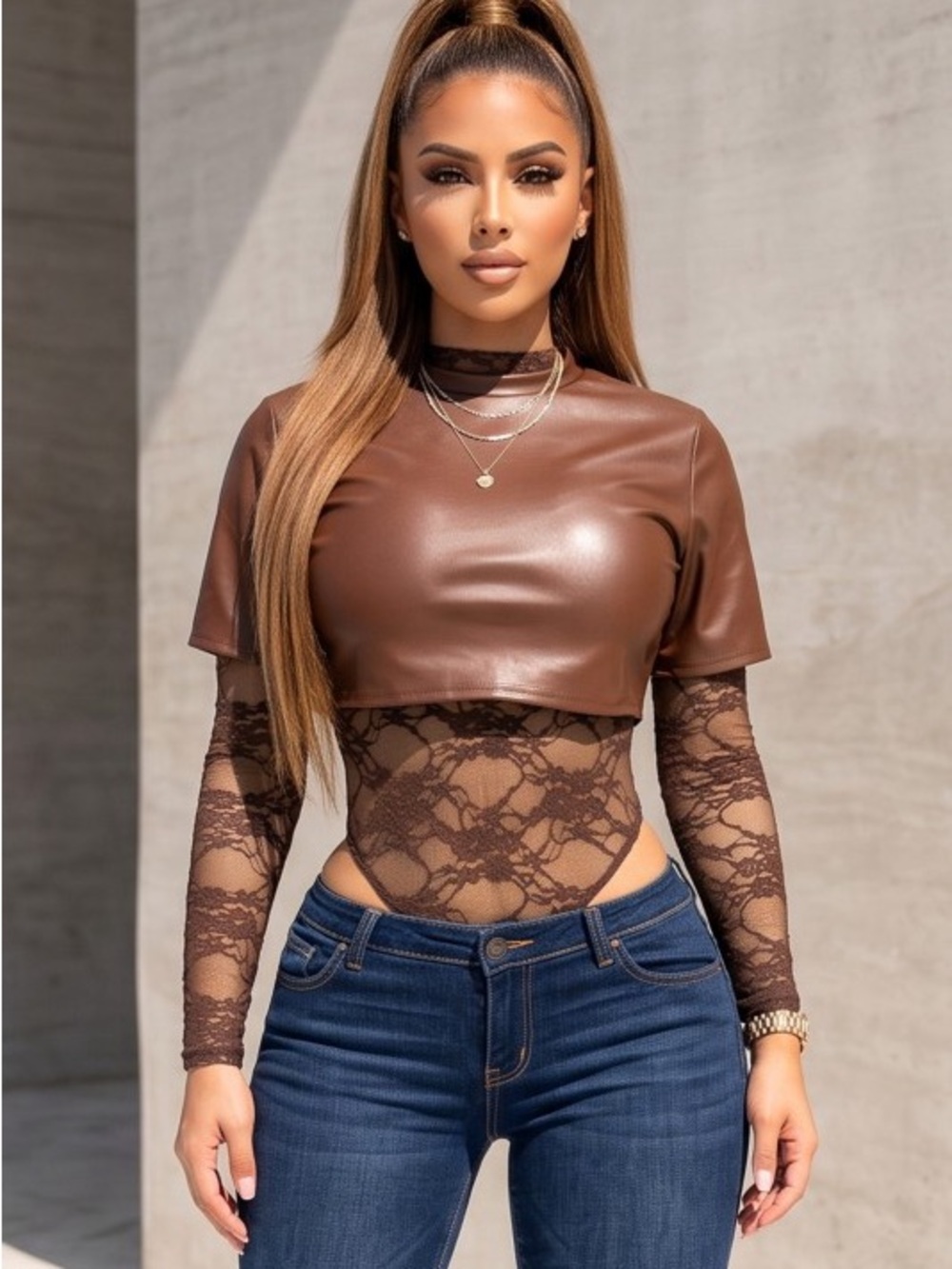 Faux Leather Brown Crop Top with Lace Bodice T-67043-2CLRS3